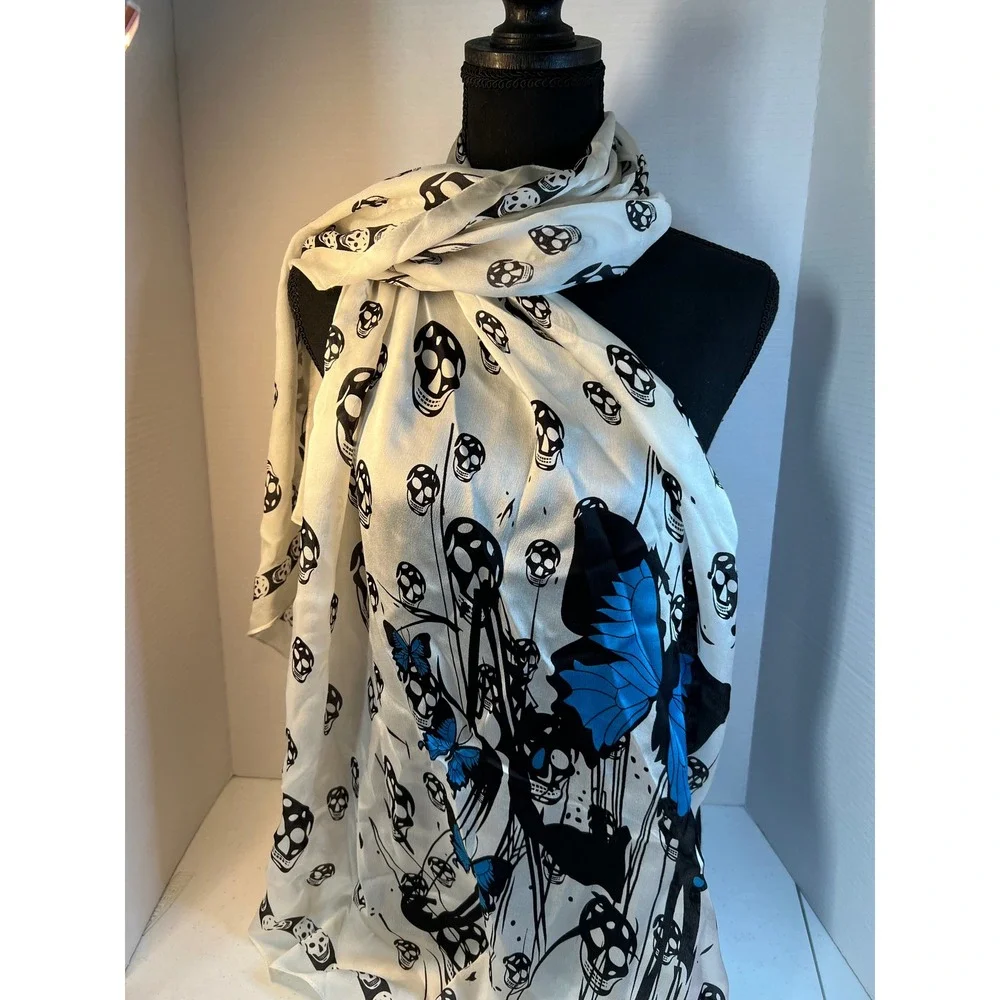 100% Silk Skull and Blue Butterfly Graphic Print Scarf White Black Rectangular